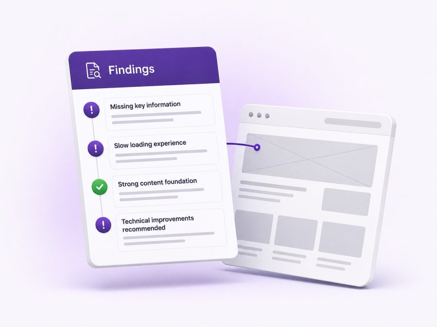 An audit findings document listing issues found on a website, shown beside a wireframe of the existing site