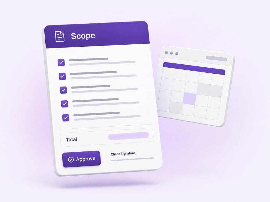 A scope document with ticked line items, a total row and an approve button, shown beside a calendar