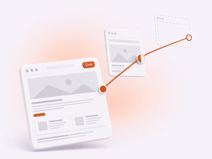 Three website cards showing a staged build - one finished and live, one half built, one still an outline
